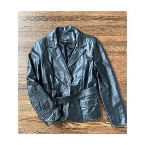 Prune Genuine Leather Belted Jacket Womens L Black Soft Leather Argentina Made